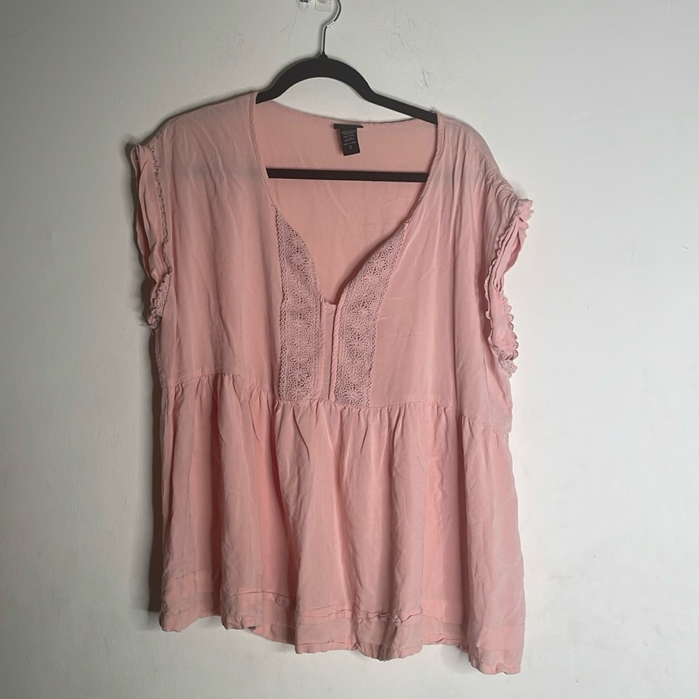 Light Pink Women's Lace-Trim Peasant Top